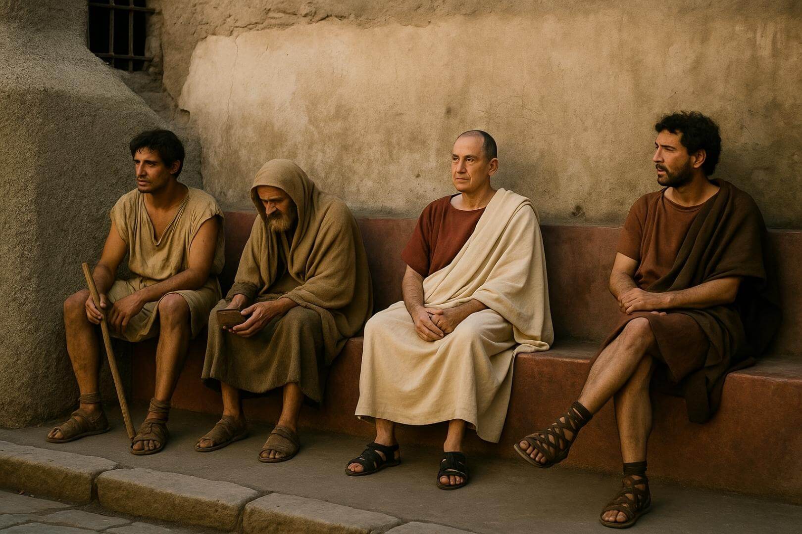 Recreación artística hiperrealista de una escena cotidiana en Pompeya, donde varios ciudadanos romanos esperan su turno frente a la Villa de los Misterios, sentados en el banco de piedra descubierto recientemente