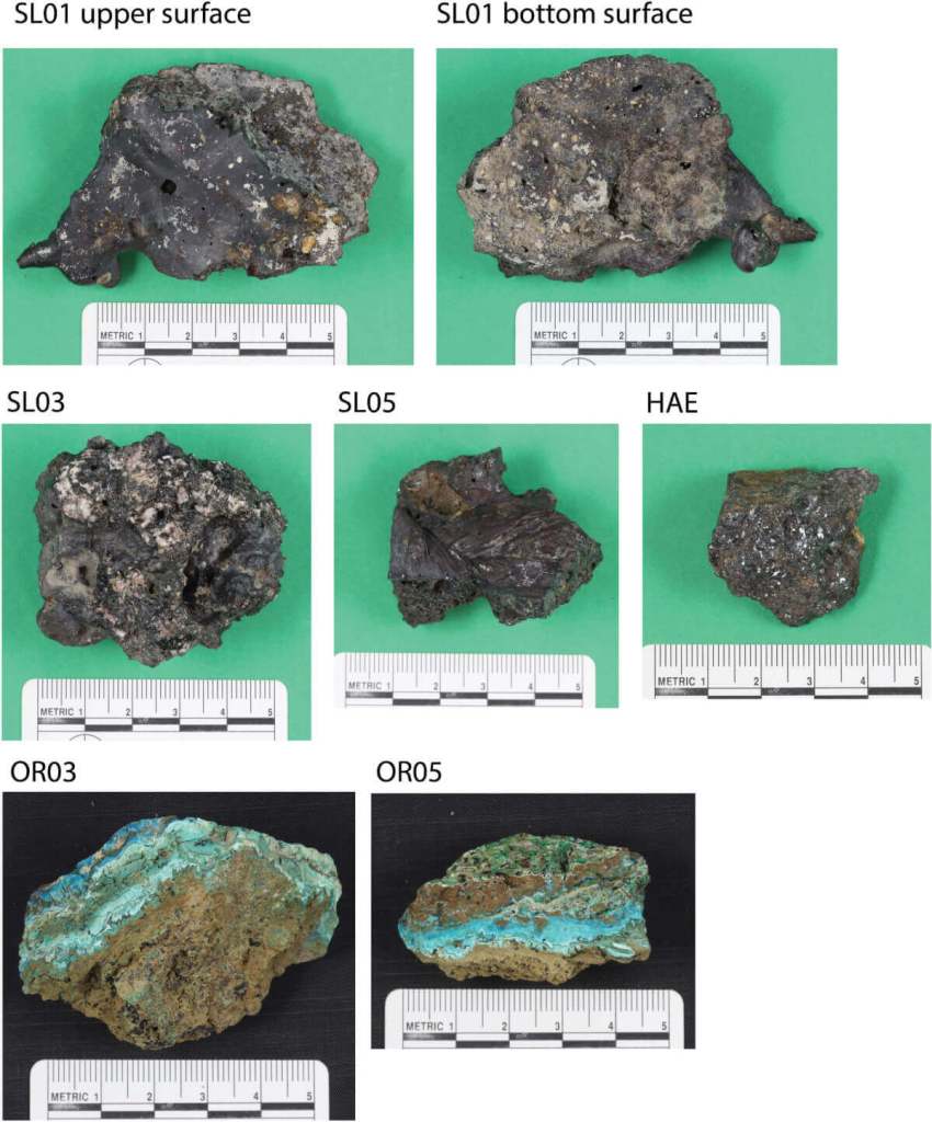 Imágenes de muestras seleccionadas de escorias y minerales analizadas en el estudio, que revelan la composición y textura de los materiales fundidos en Kvemo Bolnisi.
Fuente: Journal of Archaeological Science