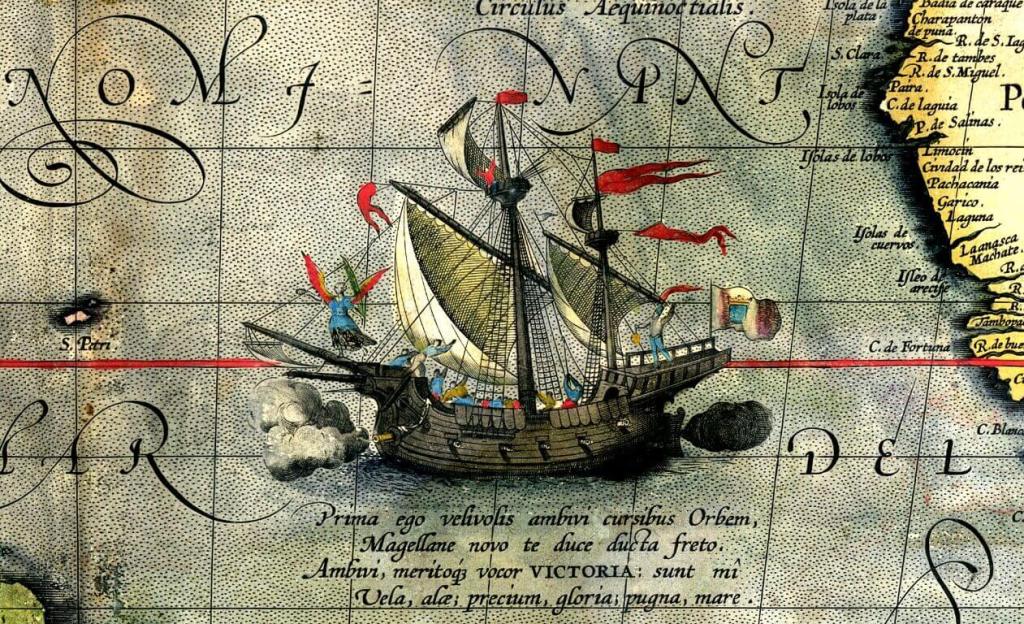Mapa de Ortelius con la nao Victoria de la expedición de Magallanes-Elcano cruzando el Pacífico.