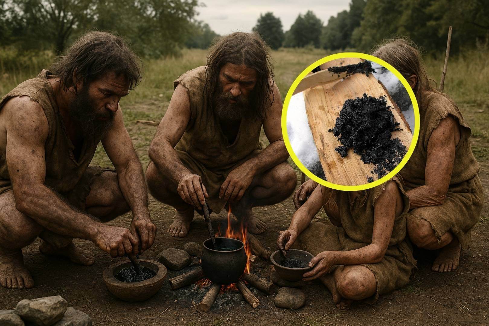 Recreación artística de una escena cotidiana en el Neolítico, donde un grupo familiar elabora alquitrán de abedul alrededor del fuego