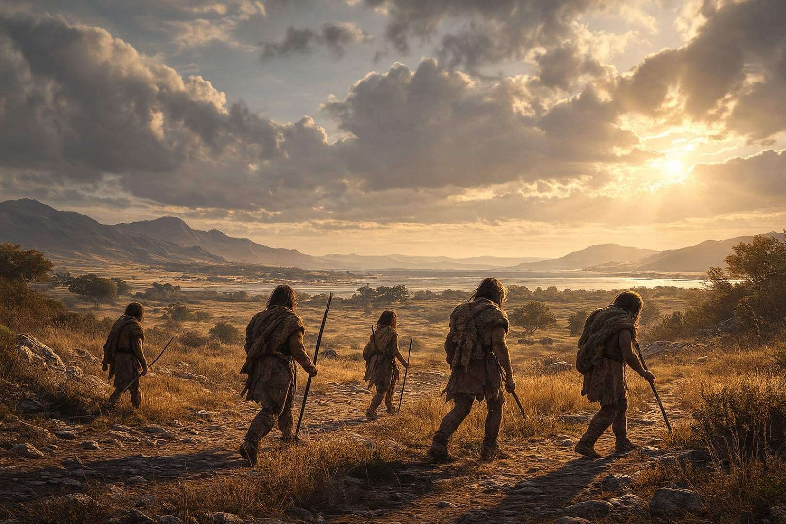Recreación artística de un grupo de sapiens cruzando las antiguas llanuras del Egeo hacia Europa durante la Edad de Hielo