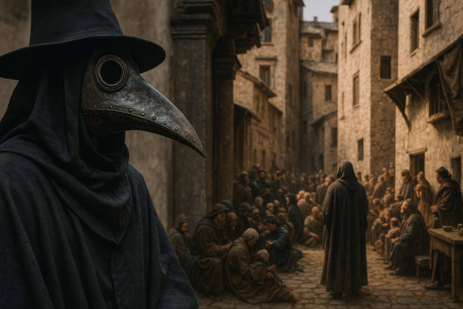 Recreación artística de un médico de la peste en una ciudad medieval azotada por la epidemia